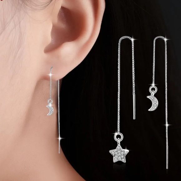 Jewelry - Sterling Silver Moon Star CZ Threader Earrings